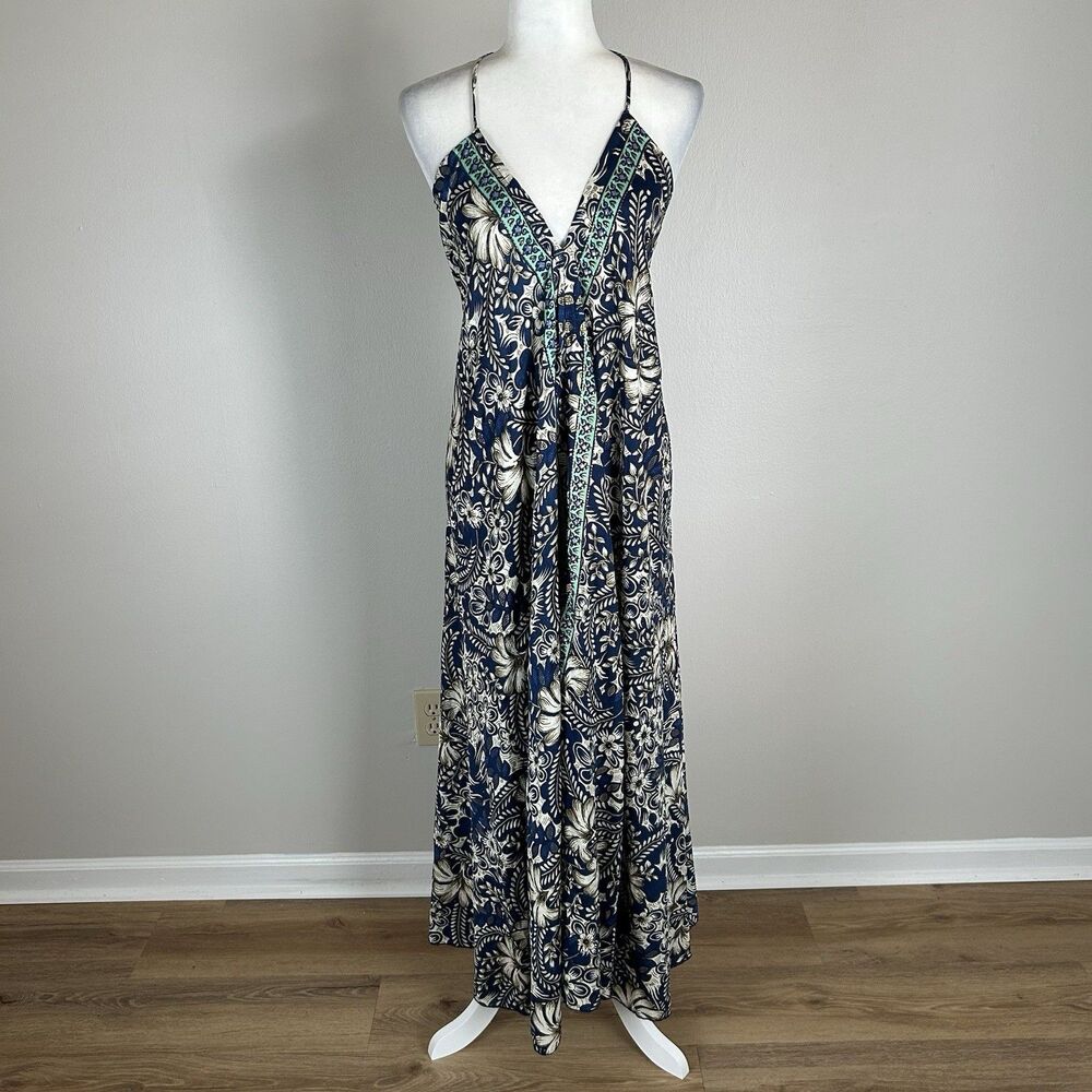 Mandalay Silk Blend Maxi Dress A-line Coastal Geometric Halter Hippie Sleeveless